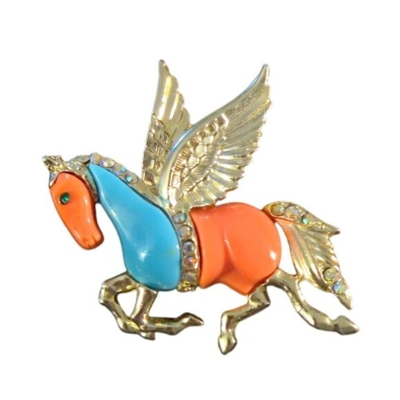 Hattie Carnegie Pegasus Brooch horse coral teal rhinestone accents unsigned VTG - Picture 9 of 9